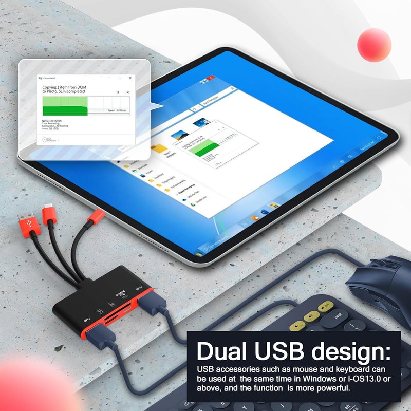 JOOPSHEE قارئ بطاقة الذاكرة 5 في 1، محول USB OTG وقارئ بطاقة SD لجهاز i-Phone/i-Pad، أجهزة USB C و USB A مع فتحات بطاقة Micro SD و SD، يدعم SD/Micro SD/SDHC/SDXC/MMC (أسود أحمر) - Image 3
